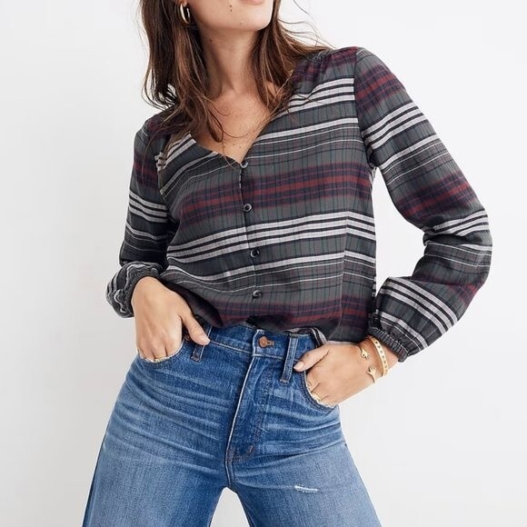 Madewell V-Neck Button-Down Shirt Sz XS Green White Plaid Cotton Neutral Earthy - Picture 13 of 14